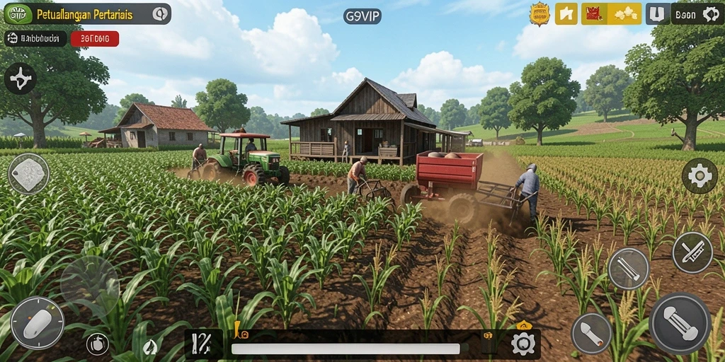 Tangkapan layar gameplay G9VIP menampilkan aktivitas bertani yang menarik.