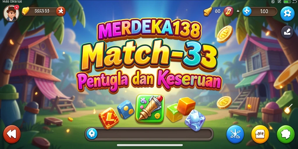 Screenshot menunjukkan gameplay seru dengan objek Match-3 berwarna-warni.